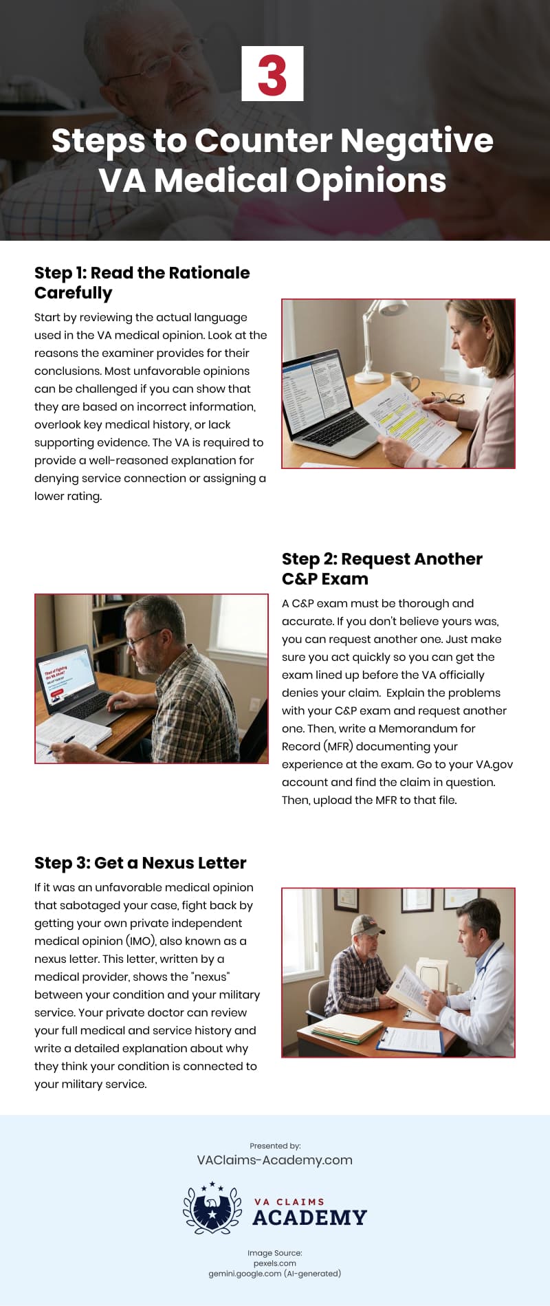 3 Steps to Counter Negative VA Medical Opinions Infographic