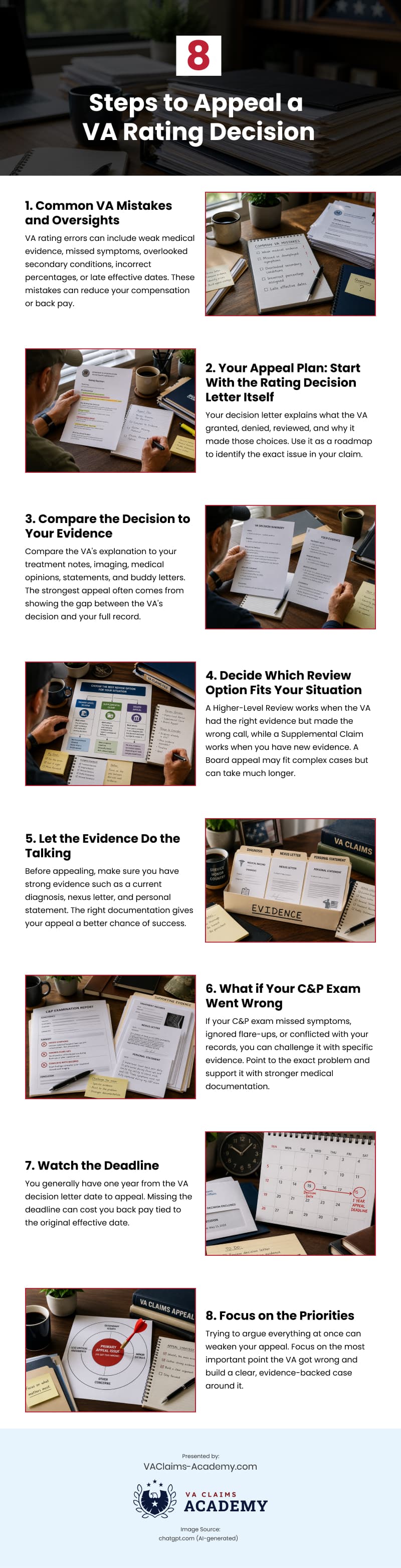 8 Steps to Appeal a VA Rating Decision Infographic